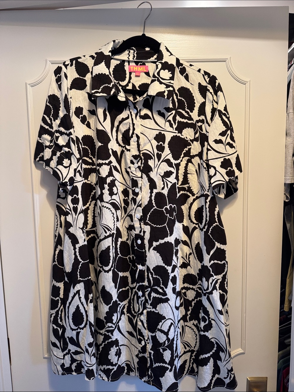 THML Black & White Floral Button-Down Dress with Pockets